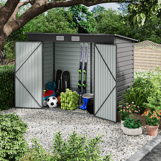 8x4ft Grey Garden Galvanized Steel Storage Shed with Double Doors