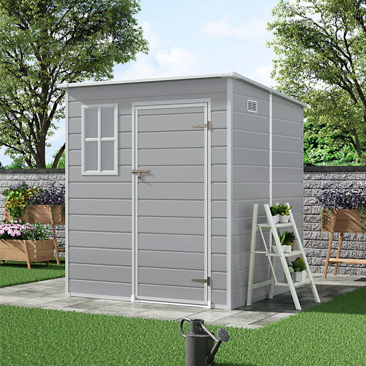 6x6ft Grey Durable PP Storage Shed with Pent Roof & Window & Vent